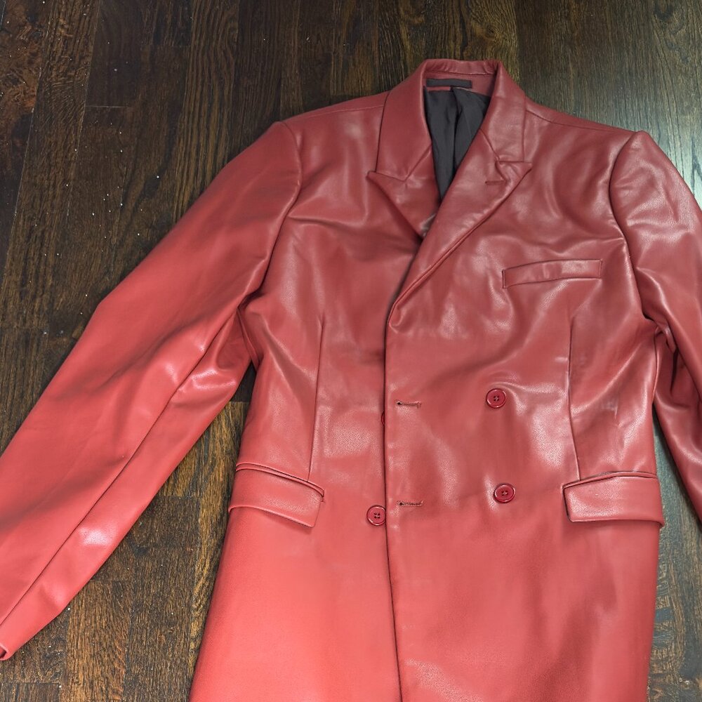 Men's Red Faux Leather Double-Breasted Blazer Jacket | Size XS | Like New